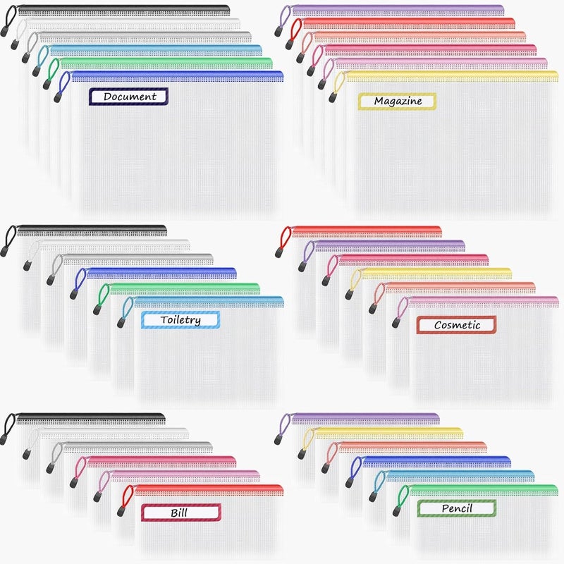 Umriox Mesh Zipper Pouch Bags, A4+A5+A6 (12 Colors, 36 Pack), Mesh Bags with Zipper, Storage Bags, Zipper Bags for Office Supplies Travel Storage - Image 1